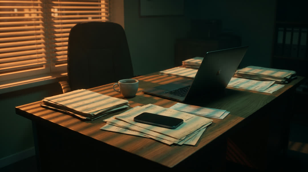 Escritório à noite, mesa com boletos empilhados e um celular apagado