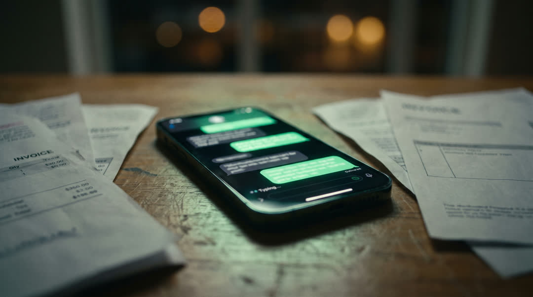 Close no celular com uma conversa de WhatsApp em andamento