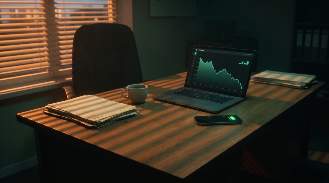 Notebook aberto mostrando um gráfico verde caindo, ao amanhecer